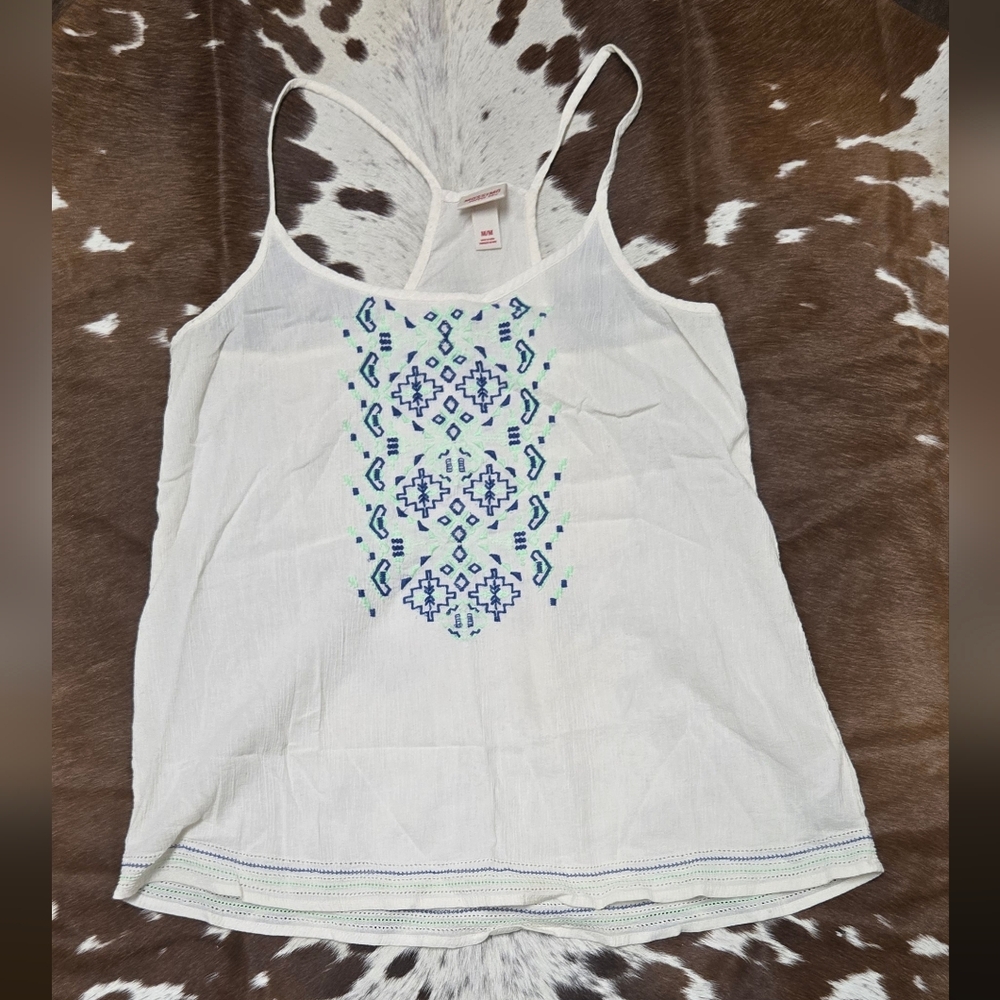 Mossimo Supply Co. White Camisole with Blue Green Embroidery